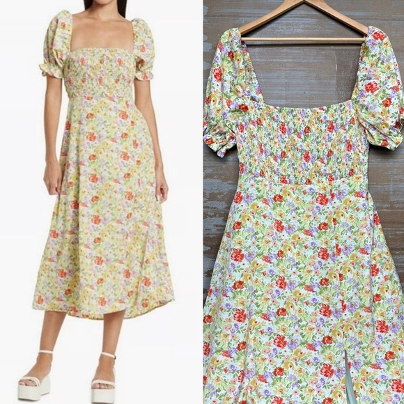 ASTR Puff Sleeve Floral Midi Dress Green Coral Floral Boho Preppy Womens XL - Picture 1 of 6